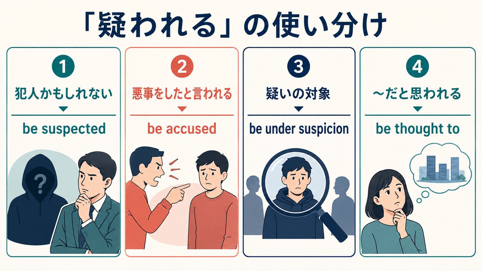 「疑われる」を表す be suspected、be accused、be under suspicion、be thought to の違い