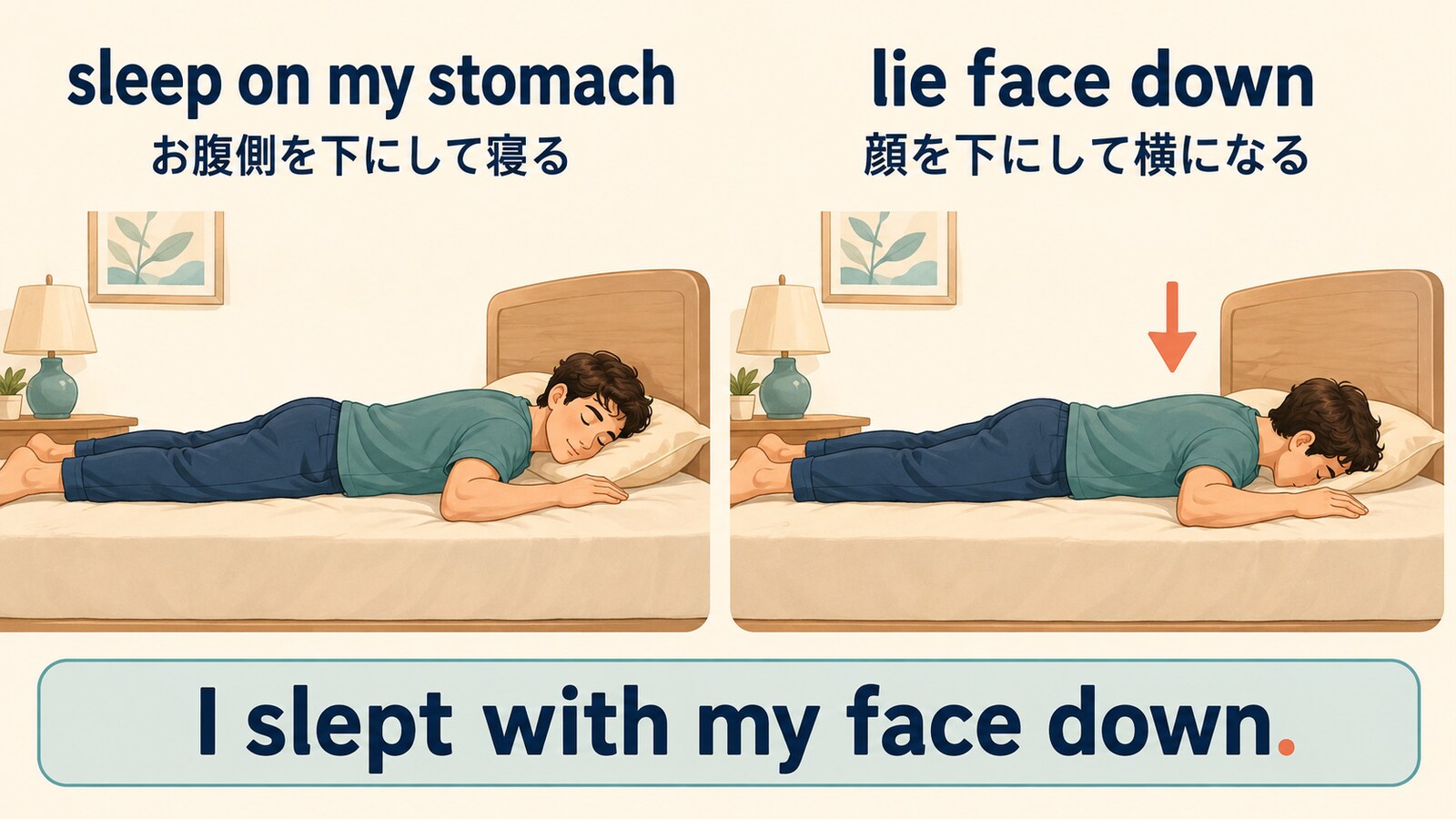 sleep on my stomachとlie face downのうつ伏せ姿勢を比較するイラスト