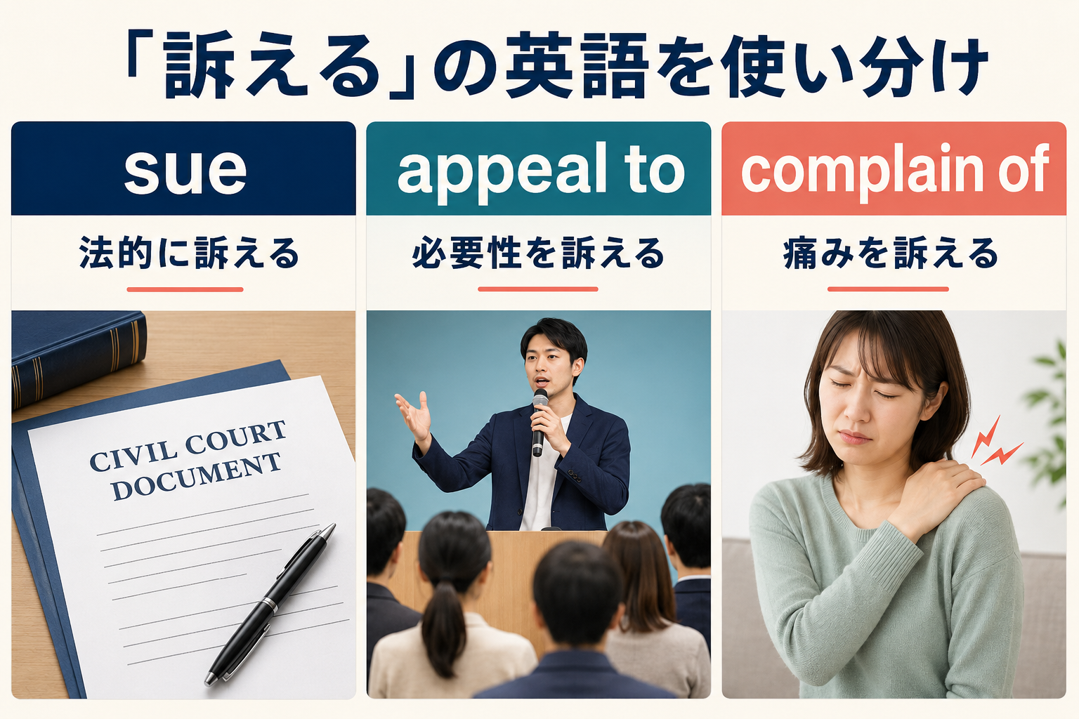 sue・appeal to・complain ofの意味の違い