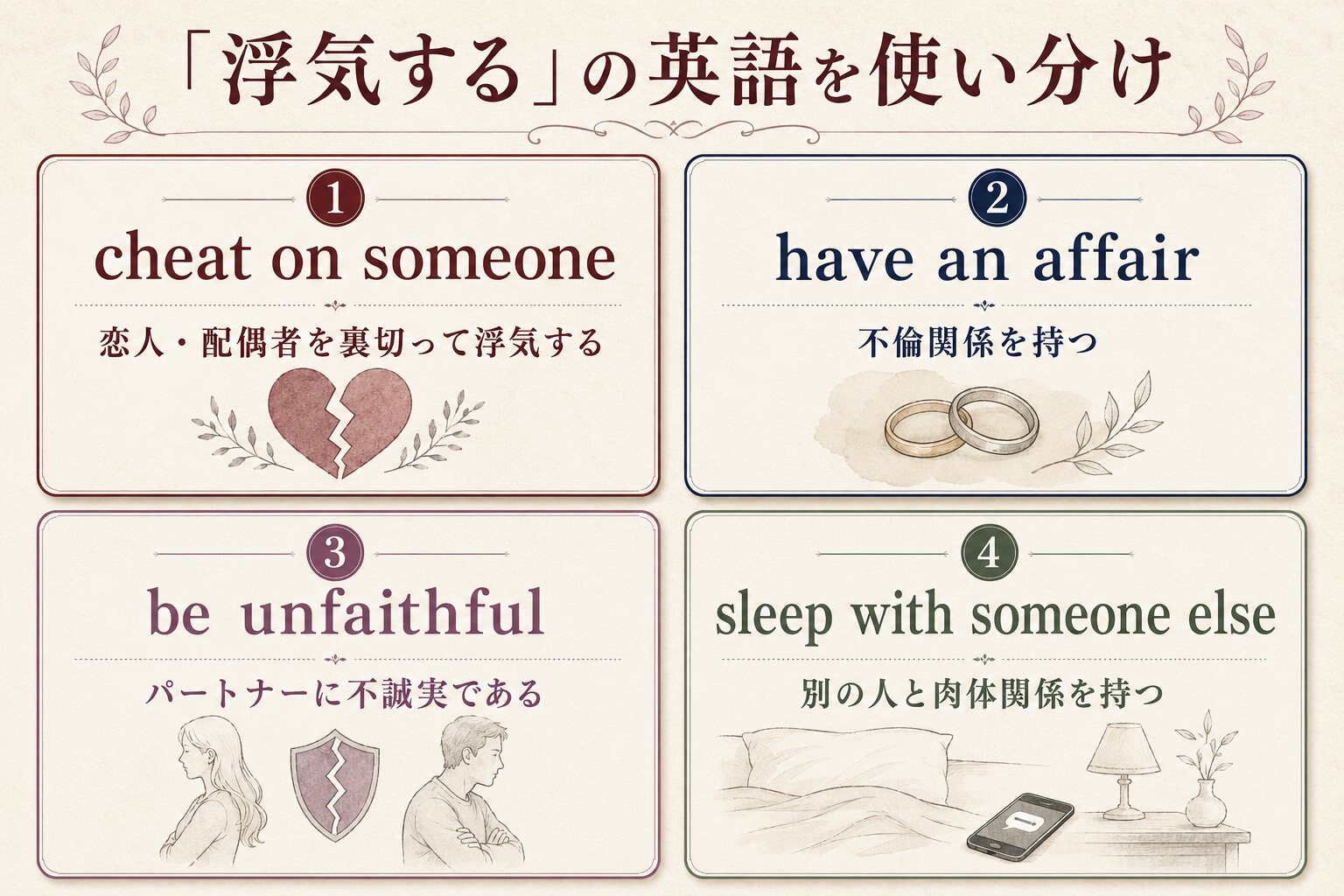 cheat on someone・have an affair・be unfaithful・sleep with someone elseの違い