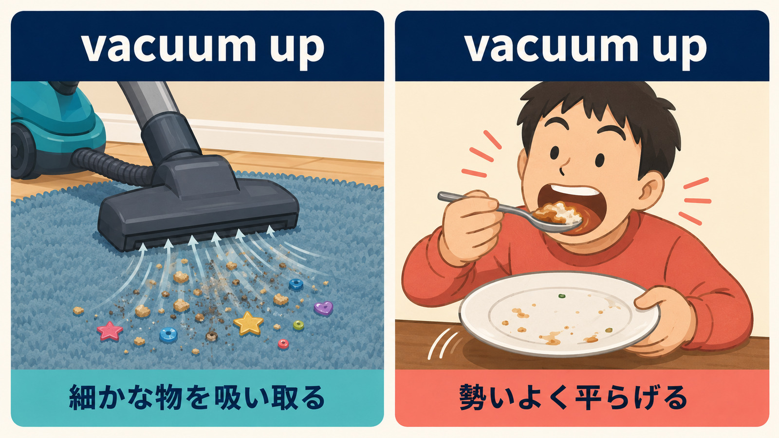 vacuum upの吸い取ると勢いよく平らげるの2つの意味を示す解説イラスト