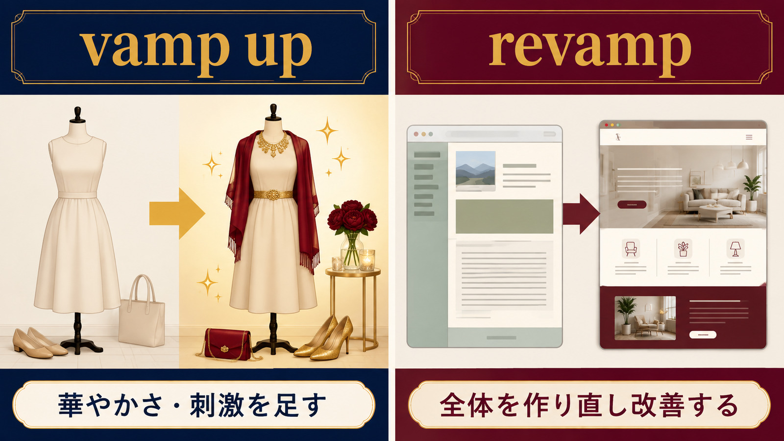 vamp upとrevampのニュアンスの違いを示す比較イラスト
