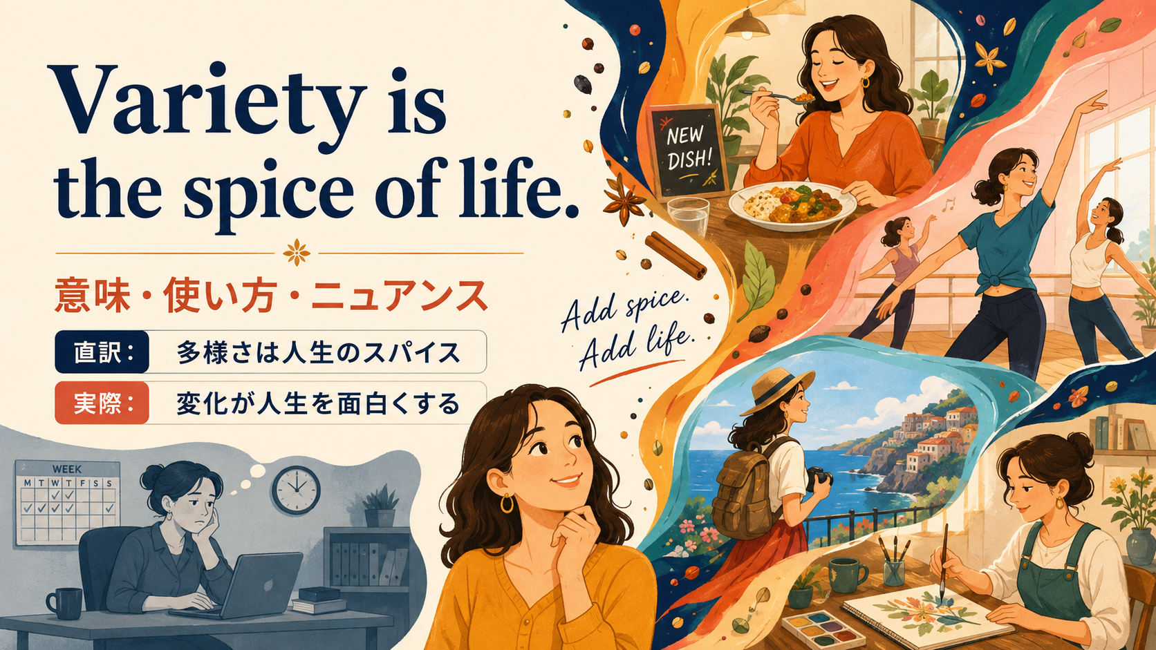 Variety is the spice of life.の意味・使い方・ニュアンスを示すアイキャッチ