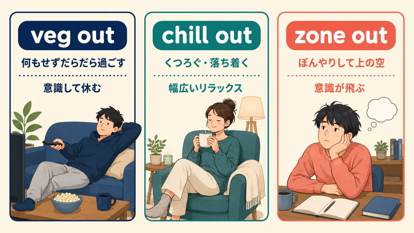 veg out、chill out、zone outの意味と休み方・意識の違いを比較する解説イラスト