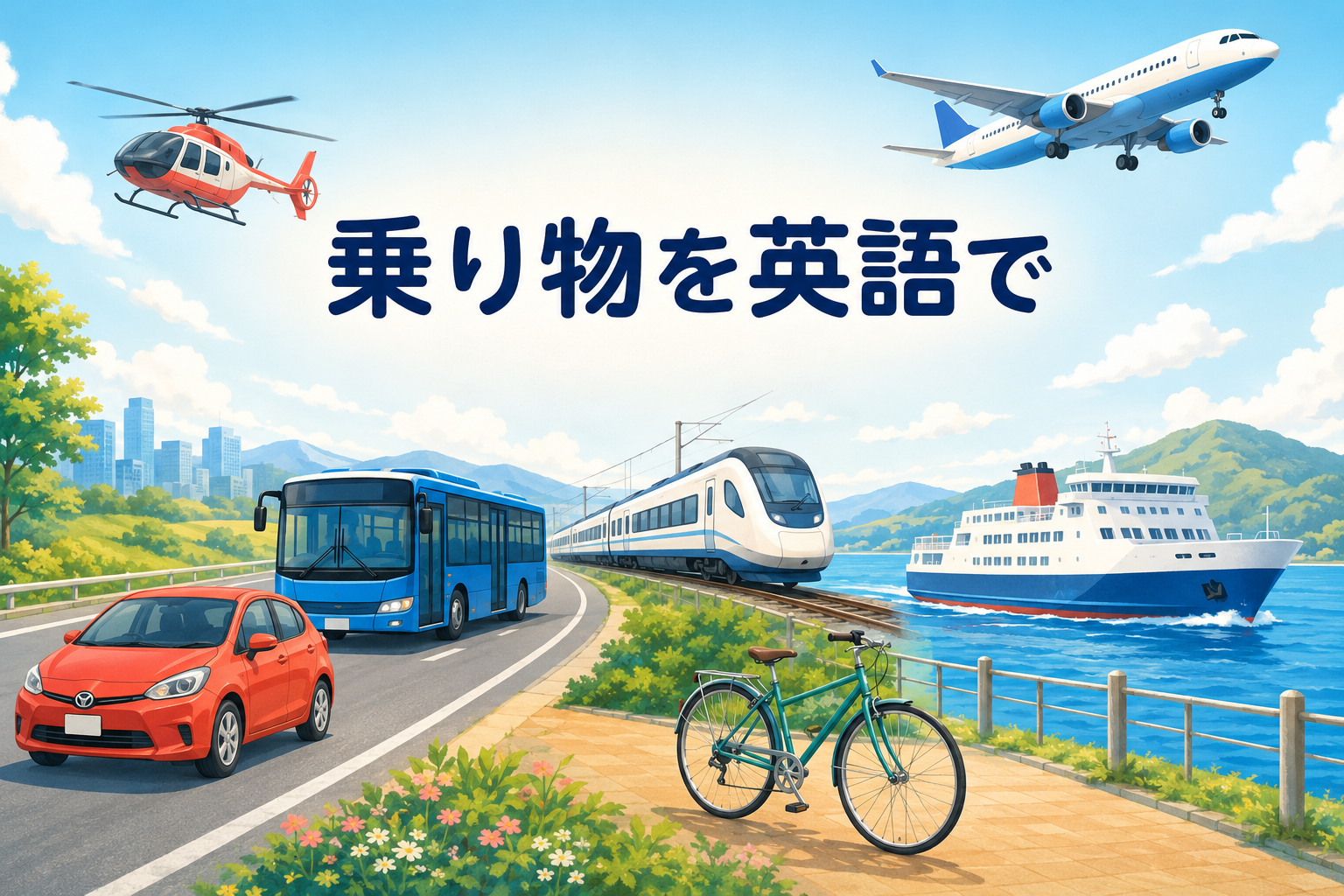 車・バス・電車・自転車・船・飛行機・ヘリコプターを描いた乗り物の英語イラスト