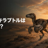 白亜紀の砂漠を走る羽毛のあるヴェロキラプトルと「ヴェロキラプトルは英語で?」の文字