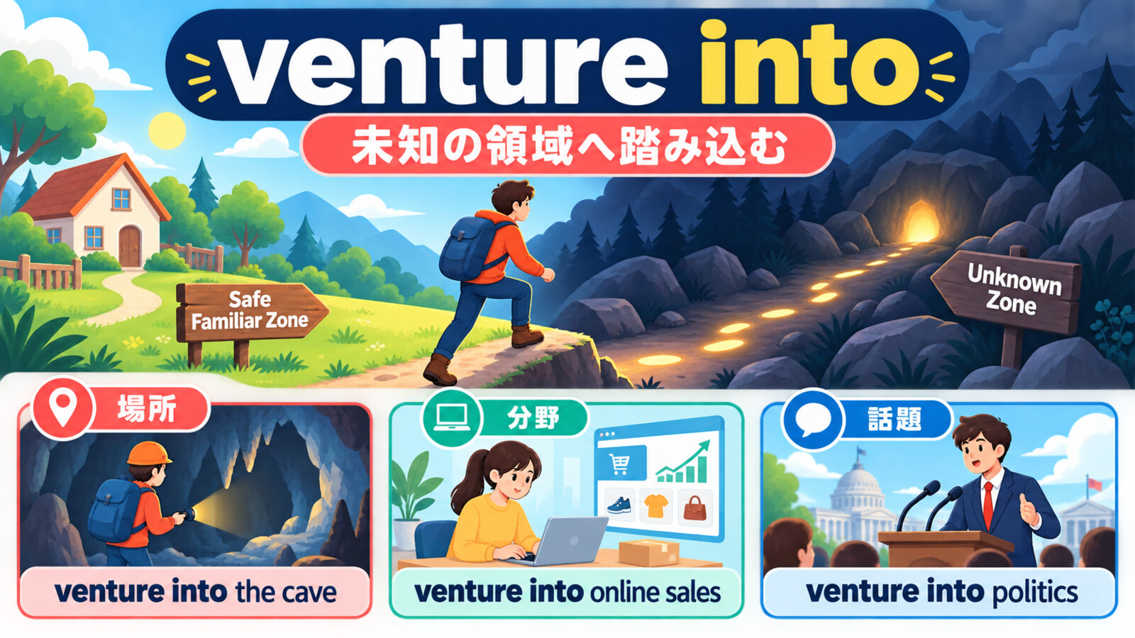 venture intoが場所・分野・話題へ踏み込む用法を示す解説イラスト
