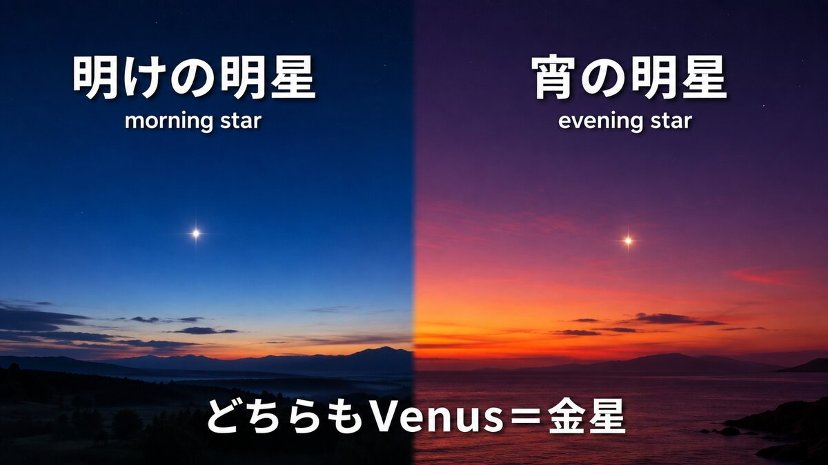 明けの明星morning starと宵の明星evening starはどちらも金星Venusだと示した図