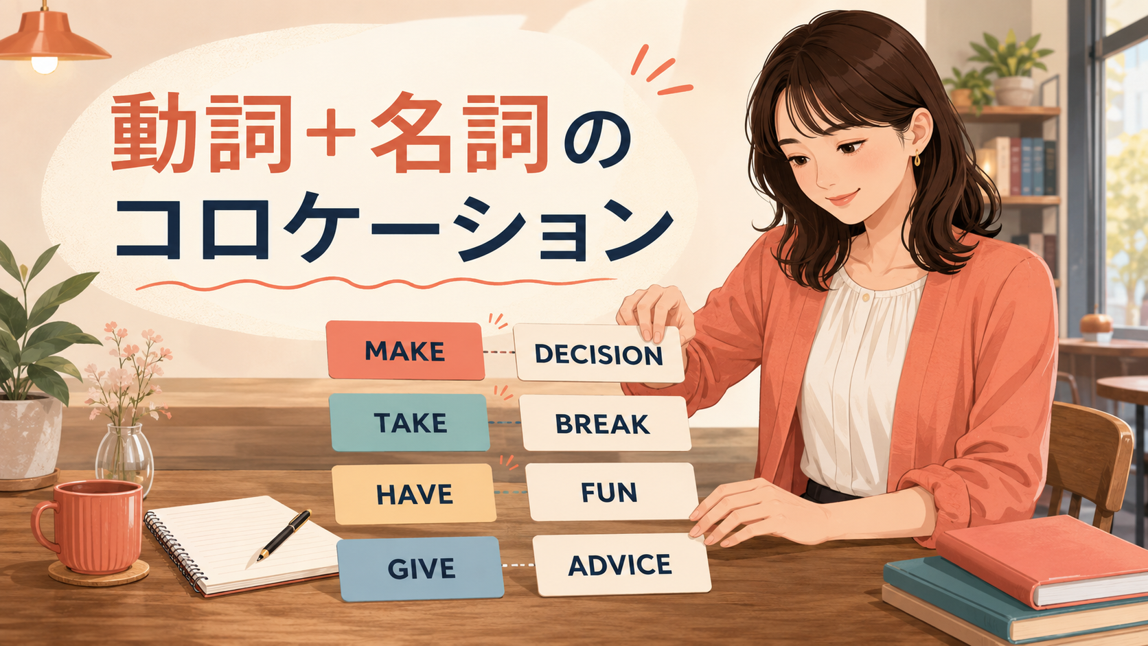 動詞＋名詞のコロケーションを学ぶ女性とMAKE DECISION・TAKE BREAKなどの英語カード