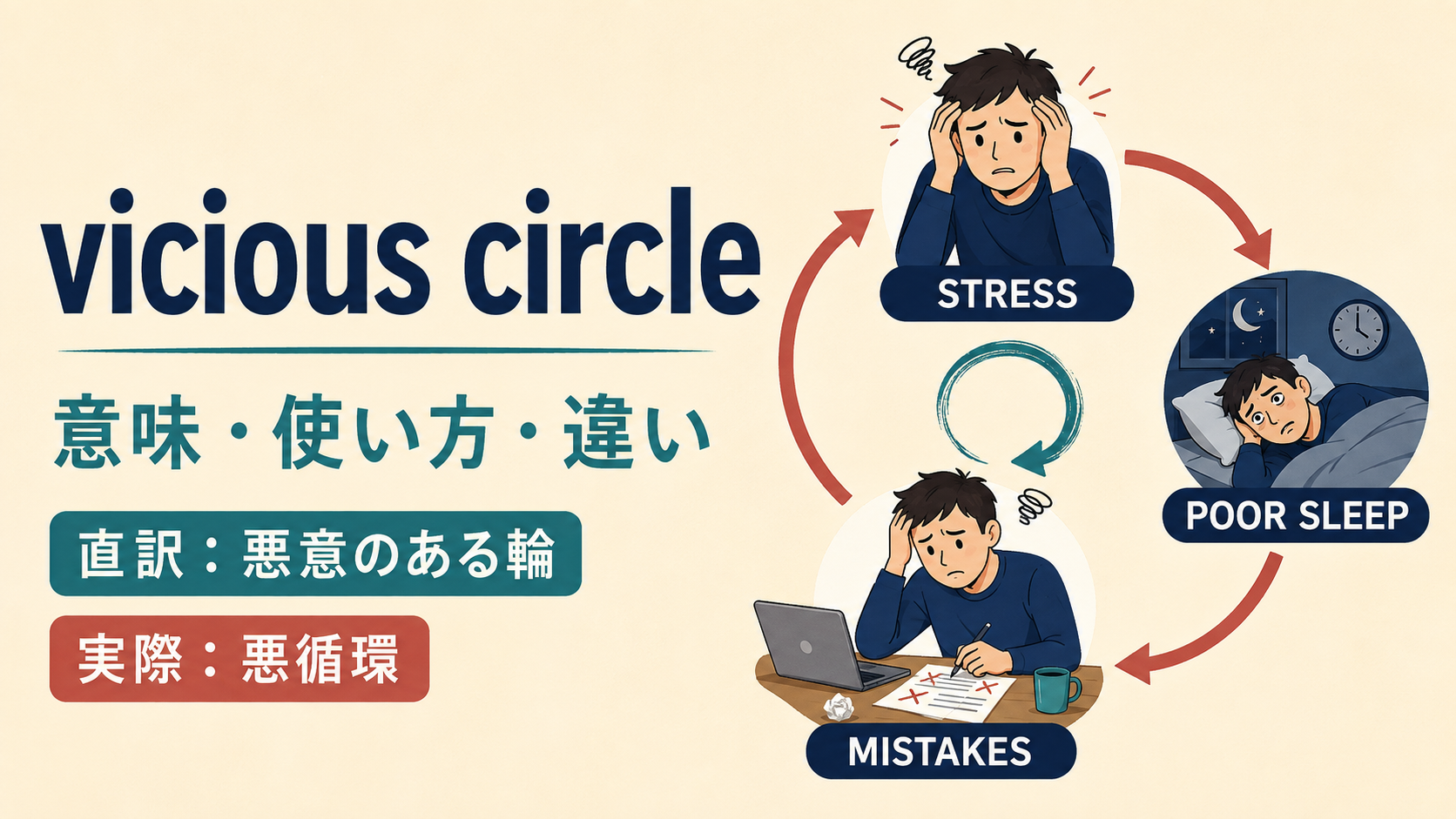 vicious circleの意味・使い方・違いを示すアイキャッチ