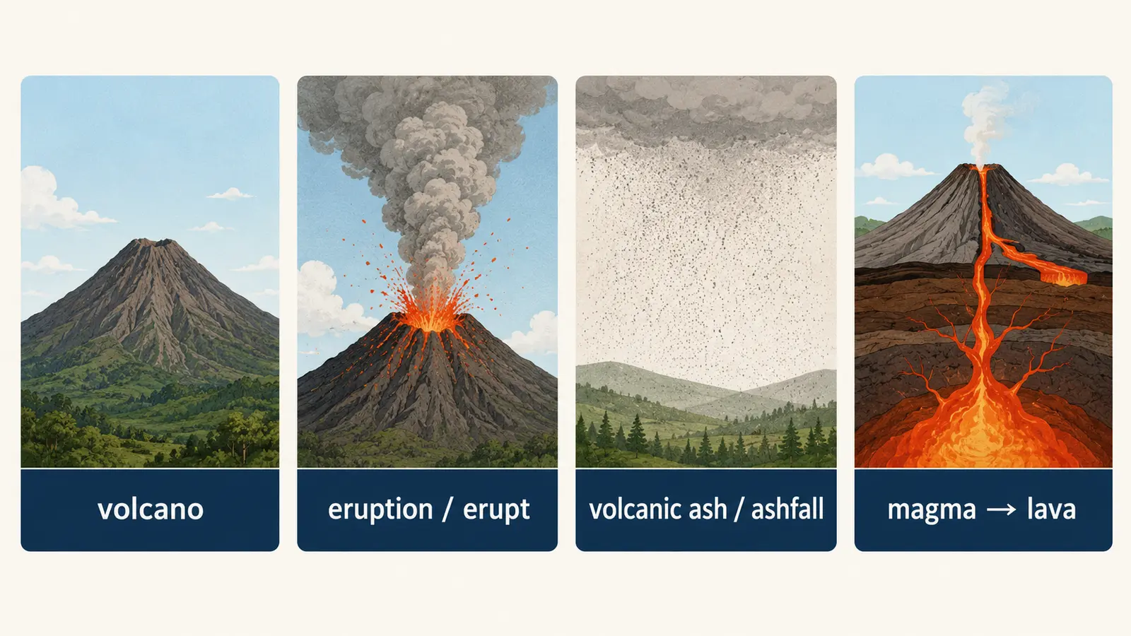 volcano・eruption・volcanic ash・magmaとlavaの違いを示す英語図解