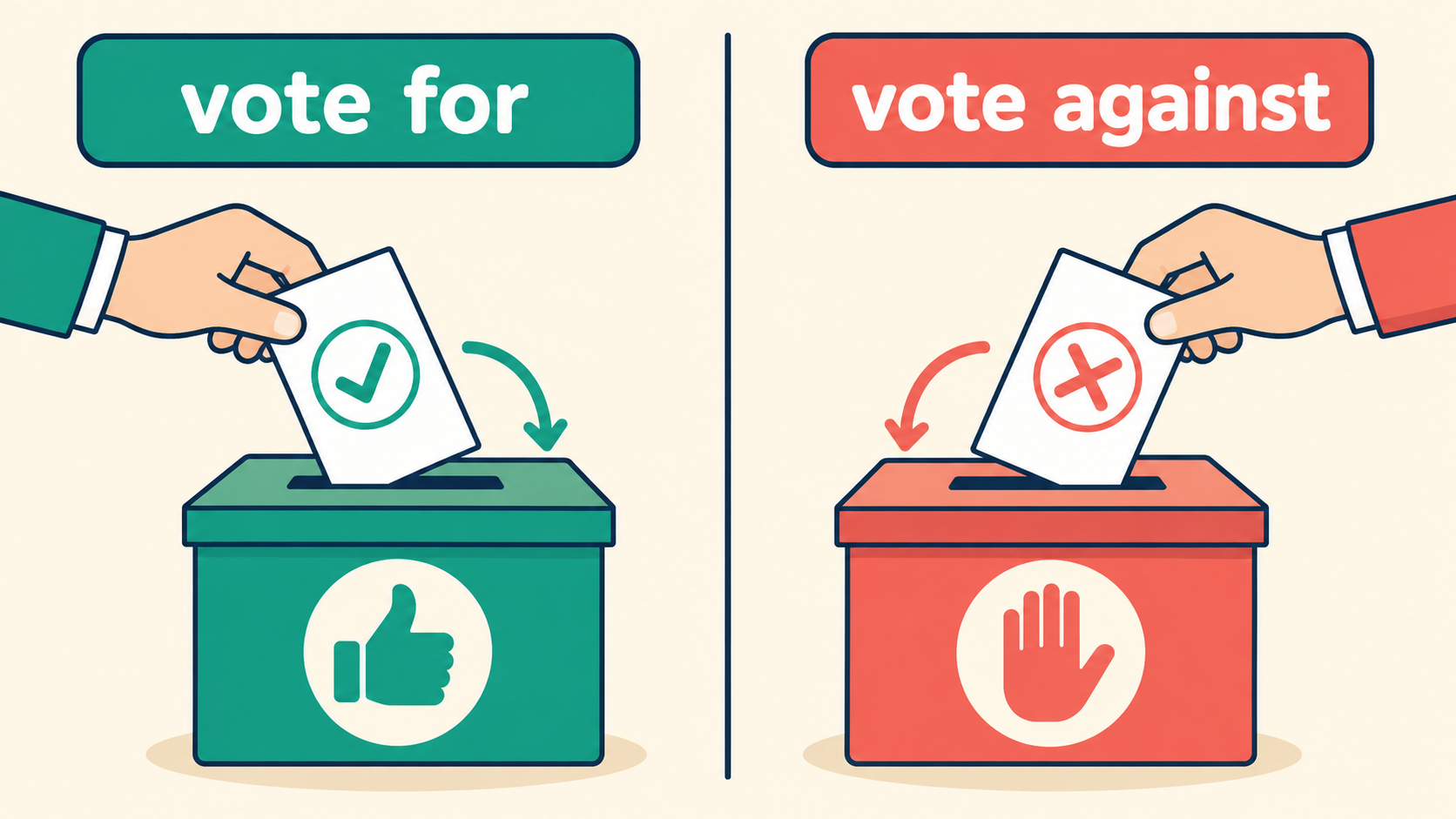 vote forは賛成票、vote againstは反対票を表す比較イラスト