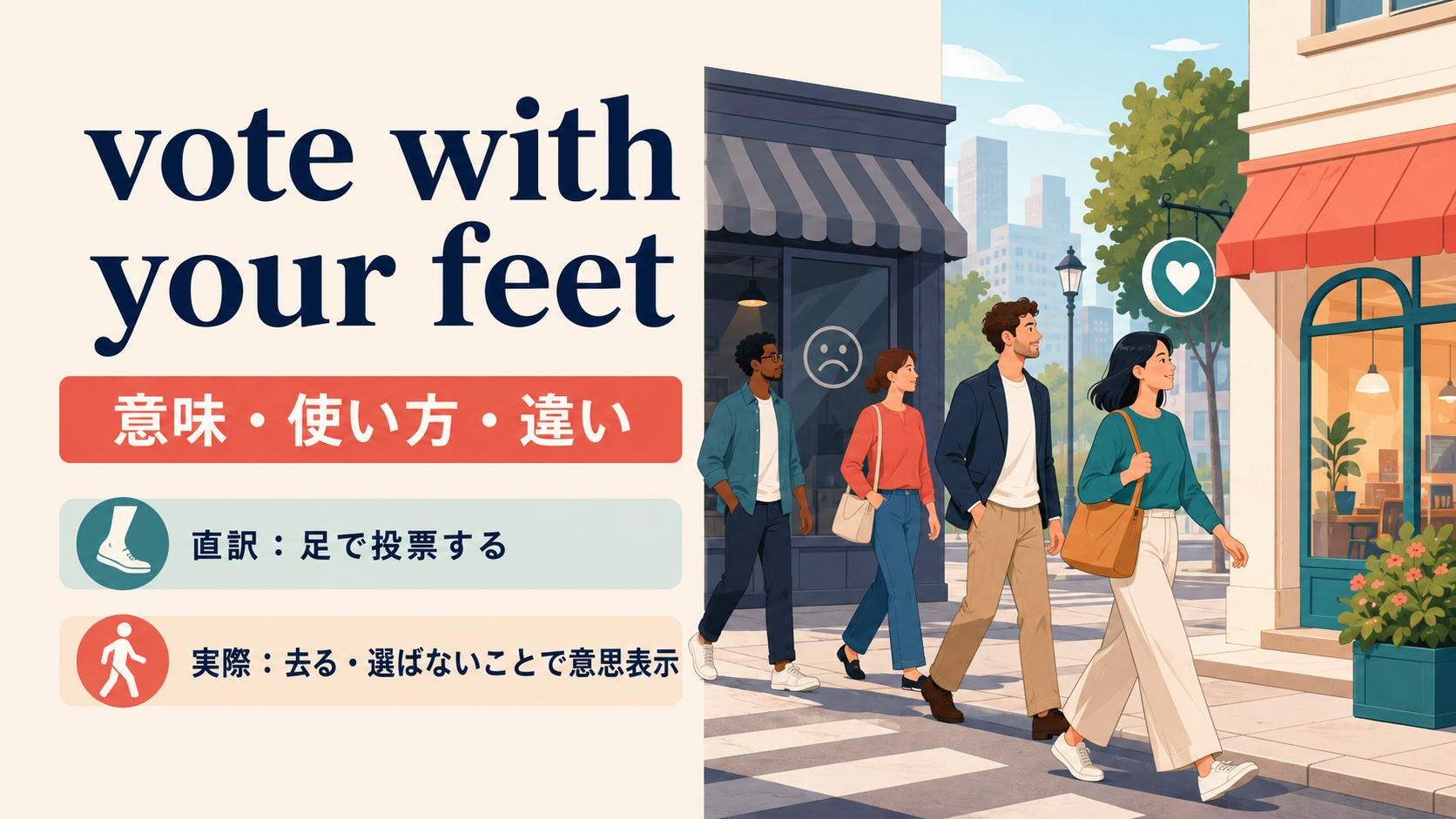 vote with your feetの意味は「去る・選ばないことで意思表示する」と解説するアイキャッチ