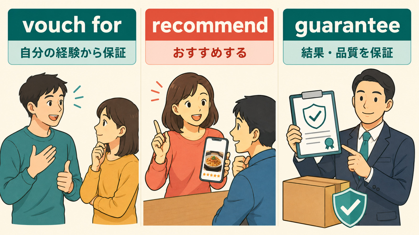 vouch for・recommend・guaranteeの意味とニュアンスの違いを示す図解