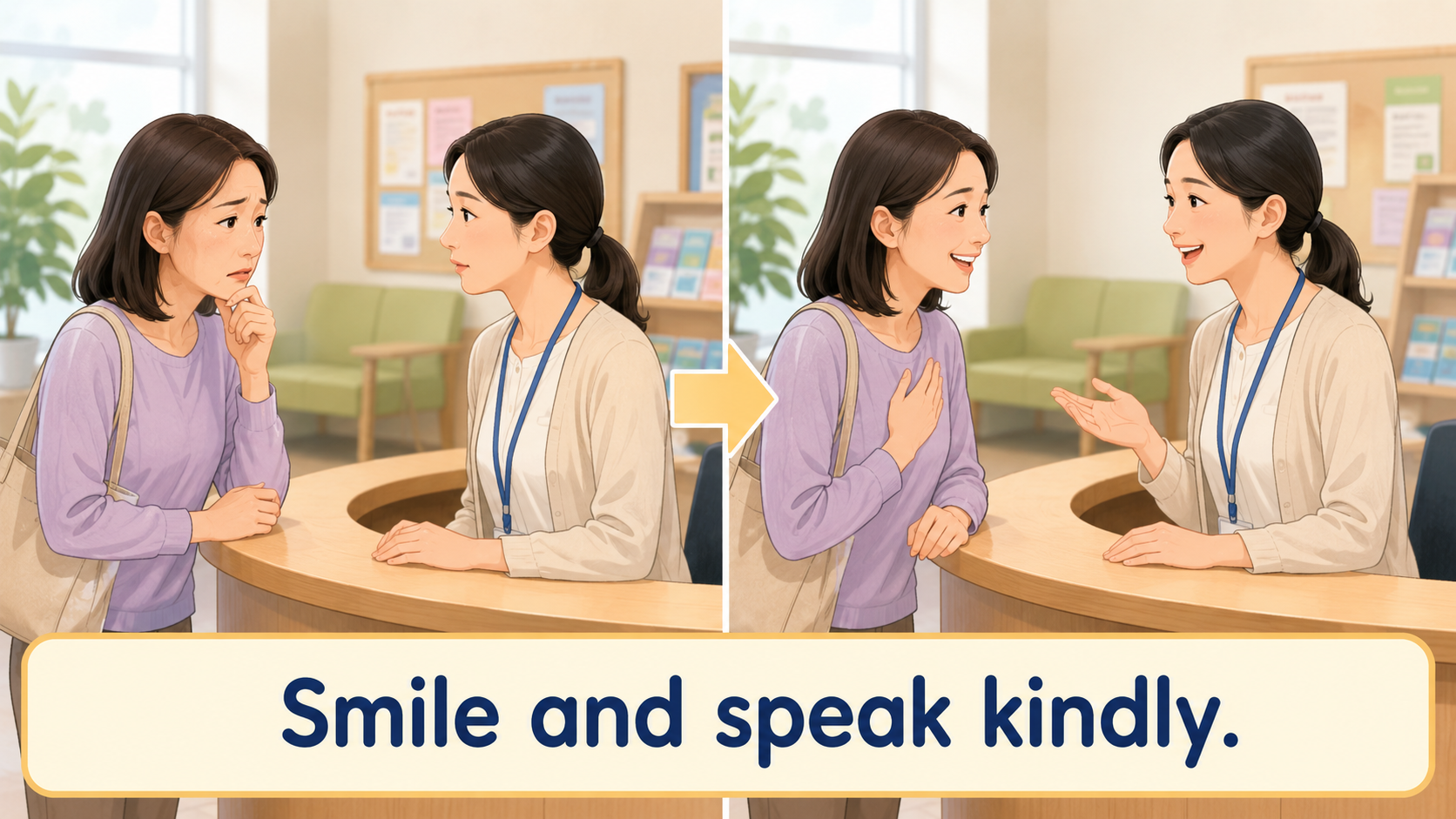 Smile and speak kindly.で和顔愛語を簡単に説明するイラスト