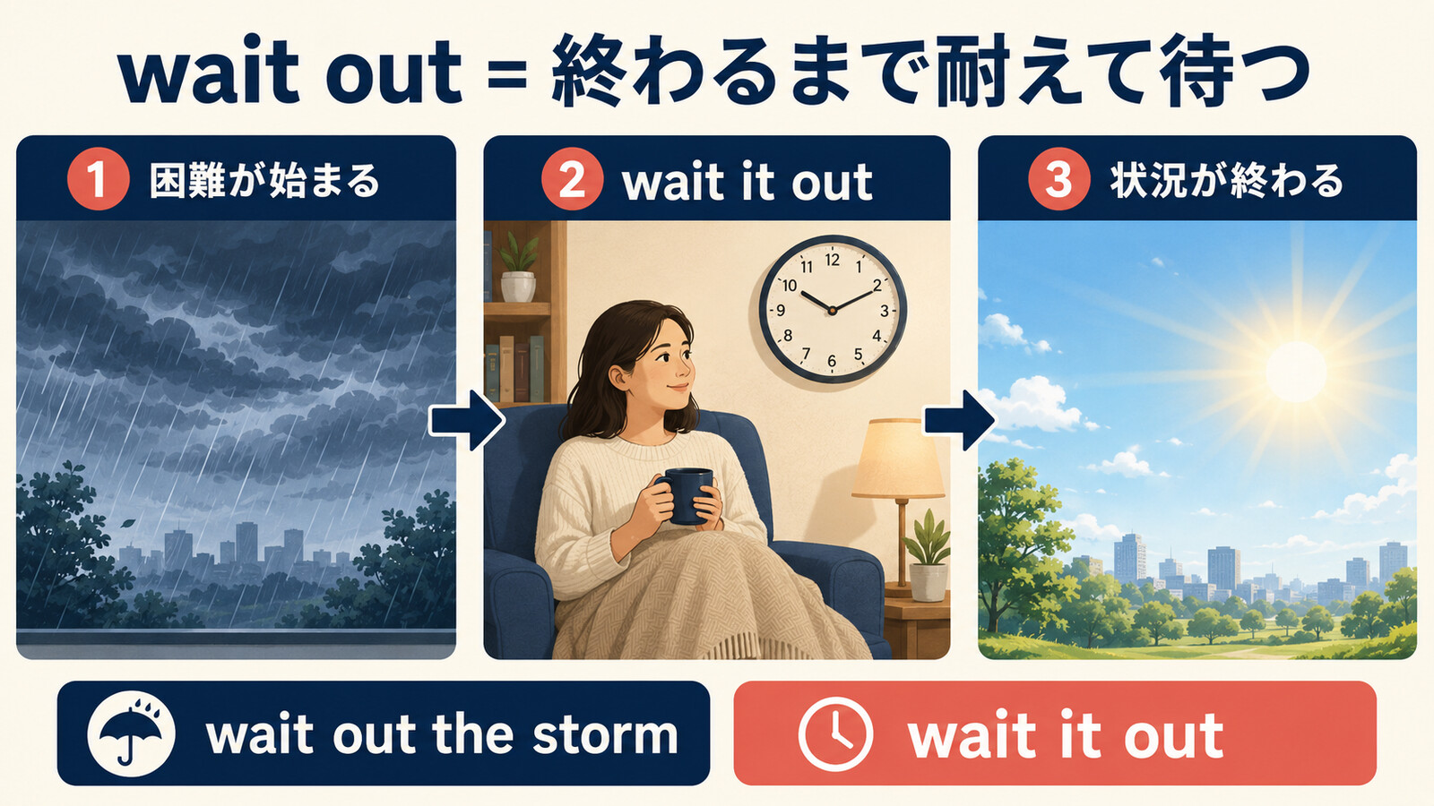 wait outは困難が始まってから状況が終わるまで耐えて待つという意味