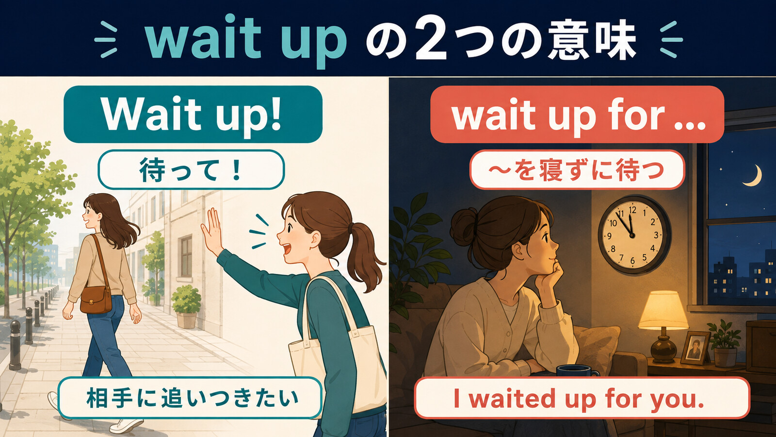 Wait upの待ってとwait up forの寝ずに待つという2つの意味