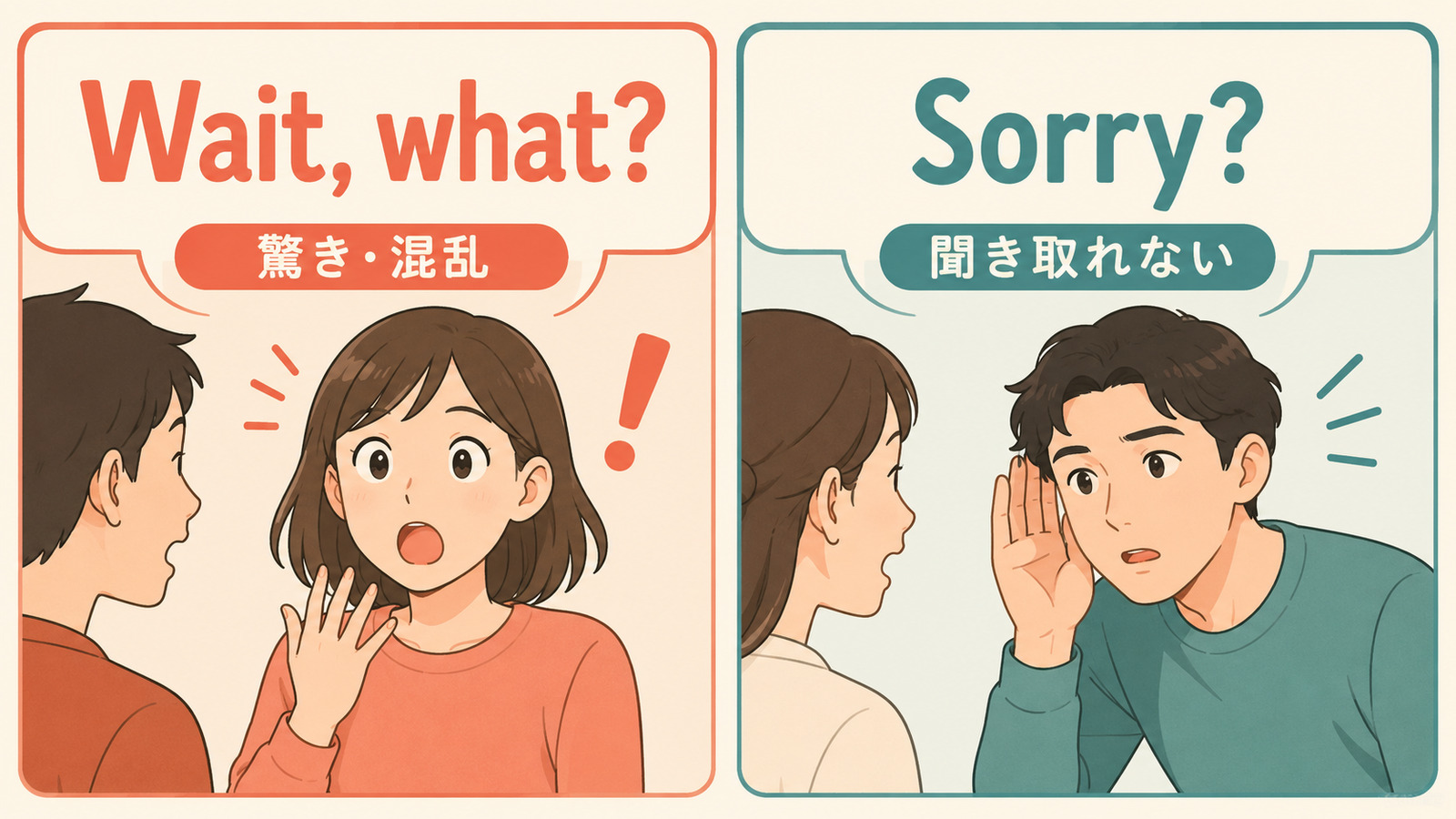Wait, what?は驚きや混乱、Sorry?は聞き取れないときの聞き返し