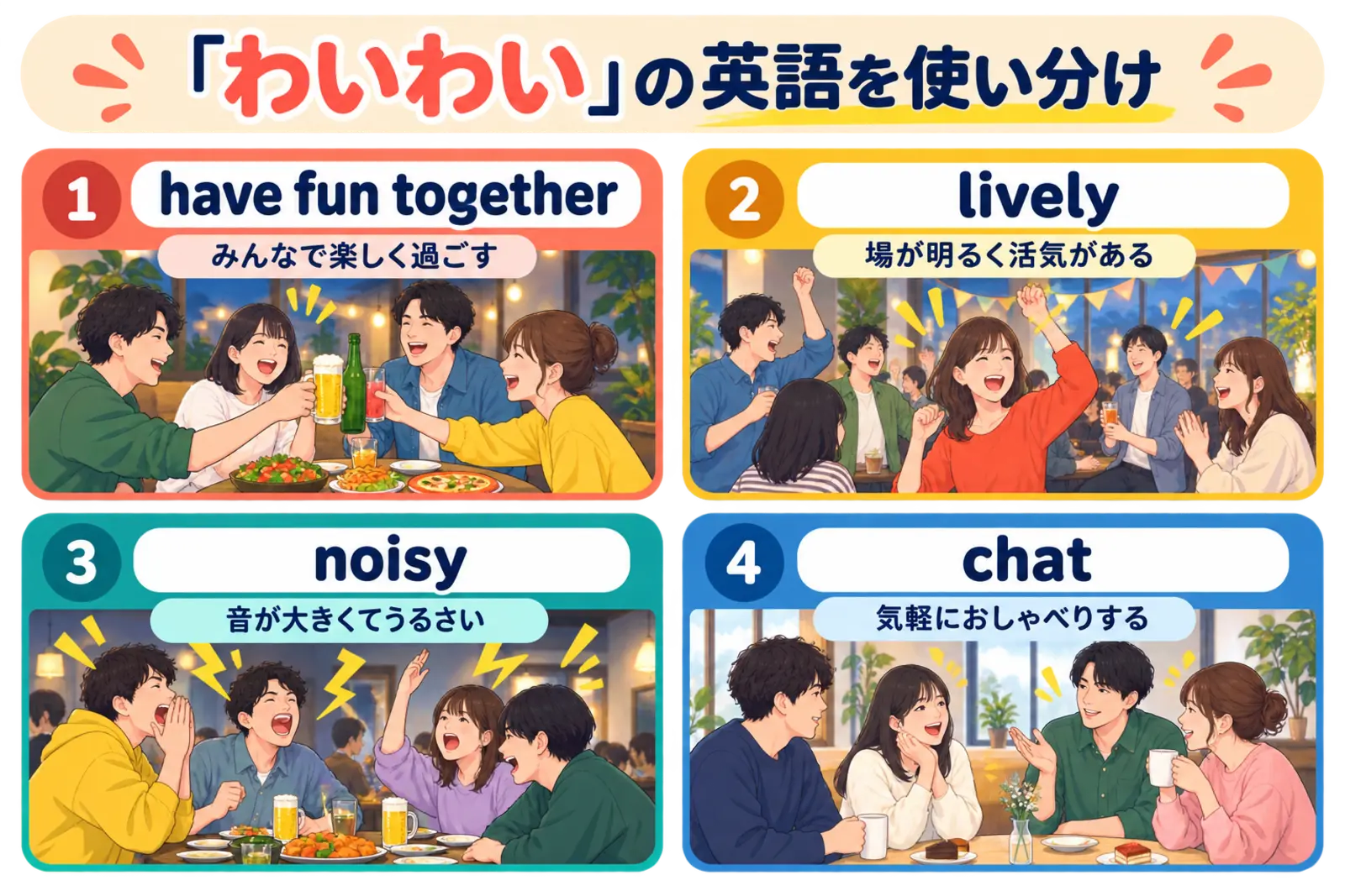 have fun together・lively・noisy・chatの違い