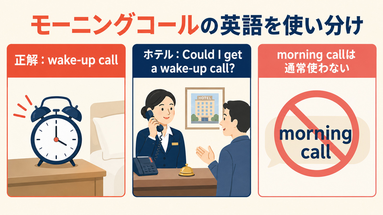 wake-up call・alarm call・morning call・alarmの違い