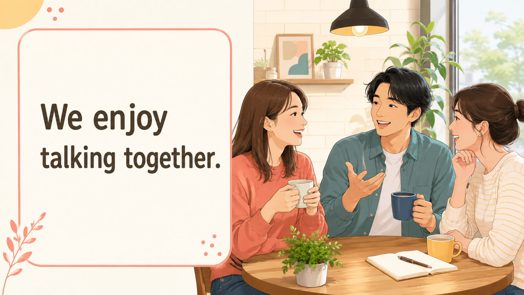 和気藹々を簡単な英語 We enjoy talking together. で表すイラスト