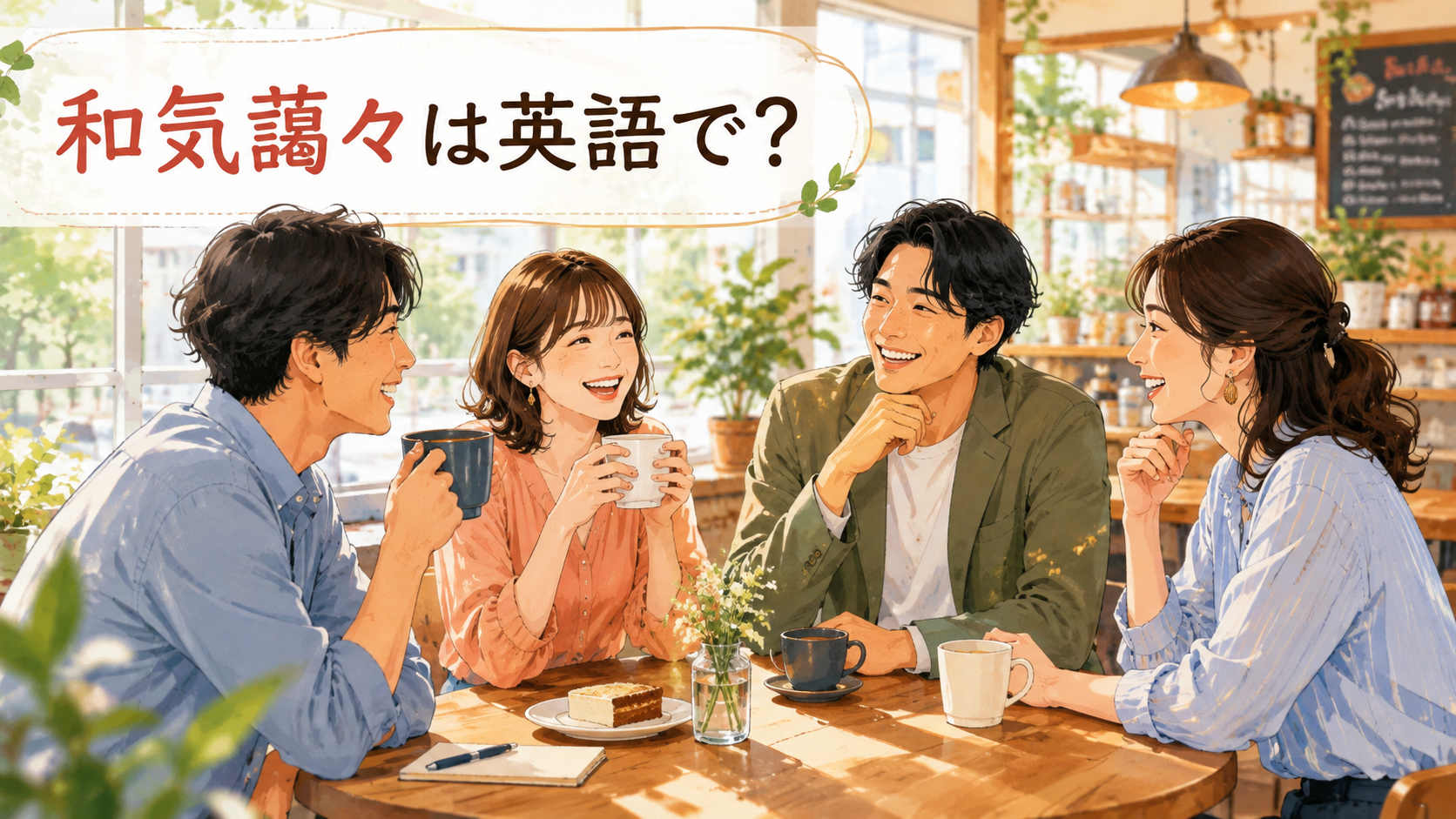 和気藹々の意味を表す、仲良く会話する4人のイラスト