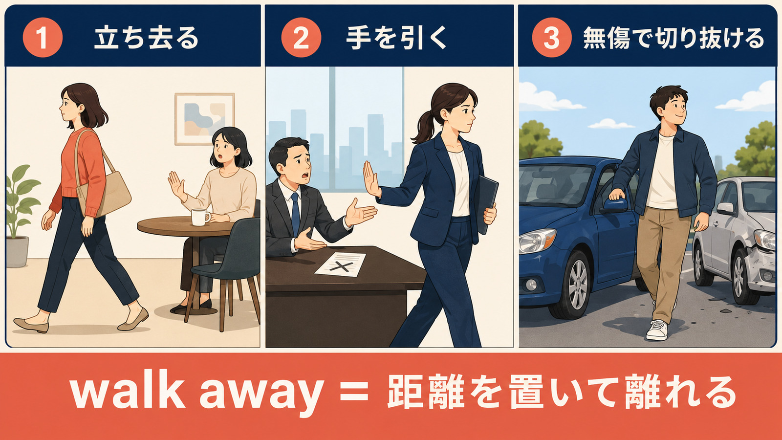 walk awayの立ち去る・手を引く・無傷で切り抜けるという3つの意味を示す解説イラスト