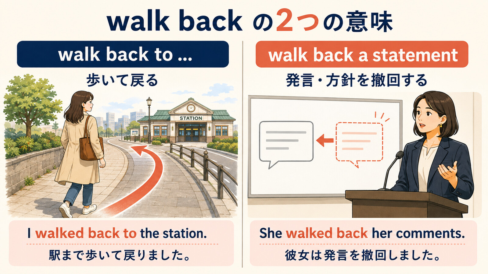 walk backの歩いて戻ると発言や方針を撤回するという2つの意味