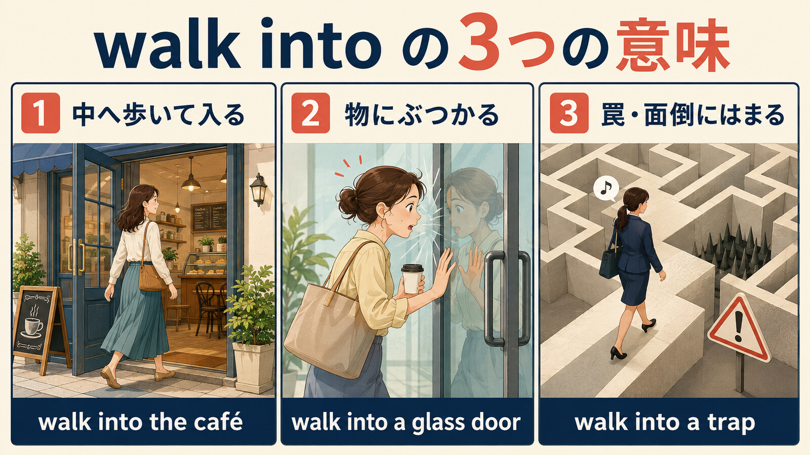 walk intoの中へ歩いて入る・物にぶつかる・罠や面倒にはまるという3つの意味