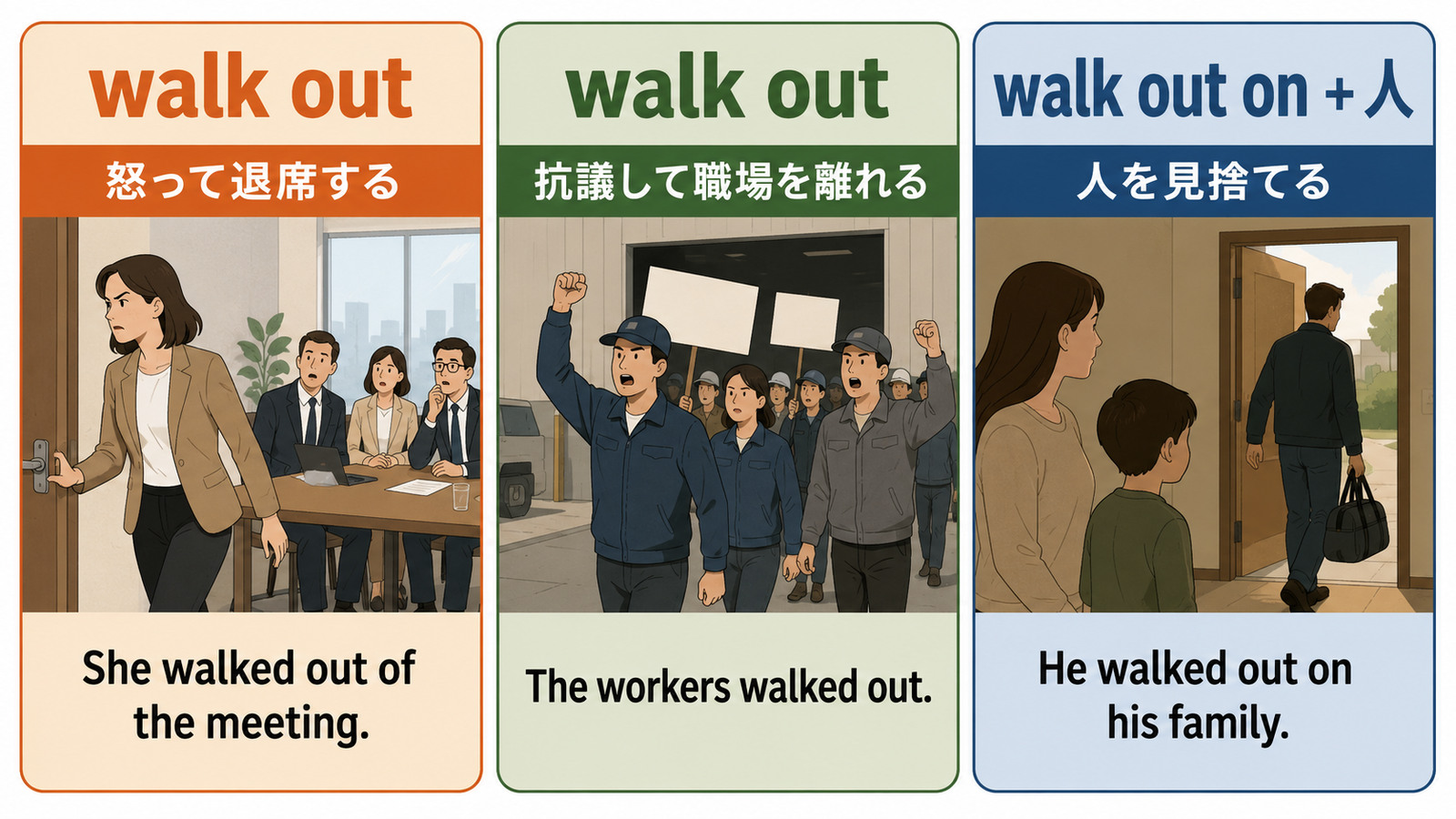 walk out・walk out on・walkoutの意味と使い方の違い