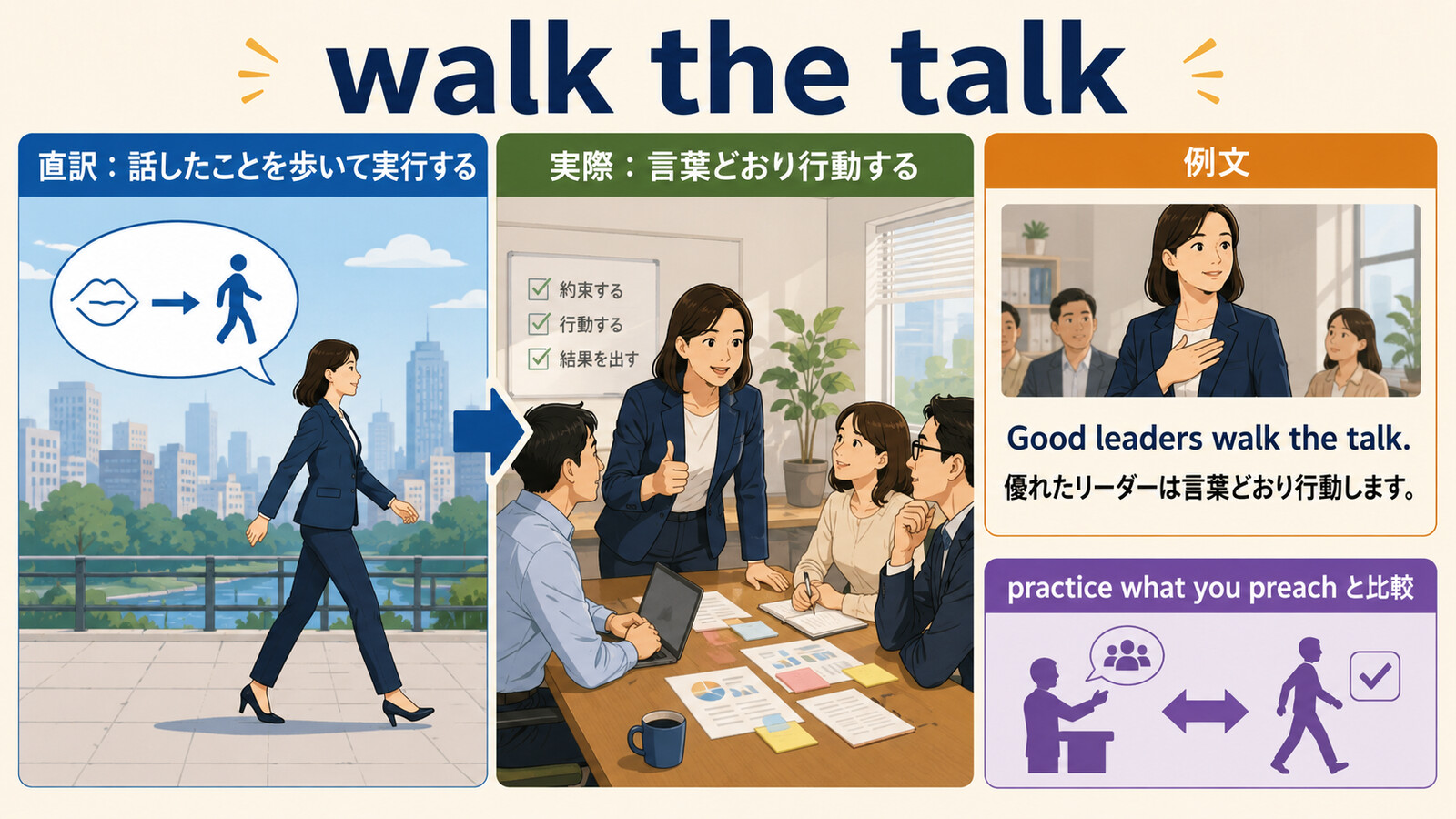 walk the talkの直訳と実際の意味を比較する本文イラスト
