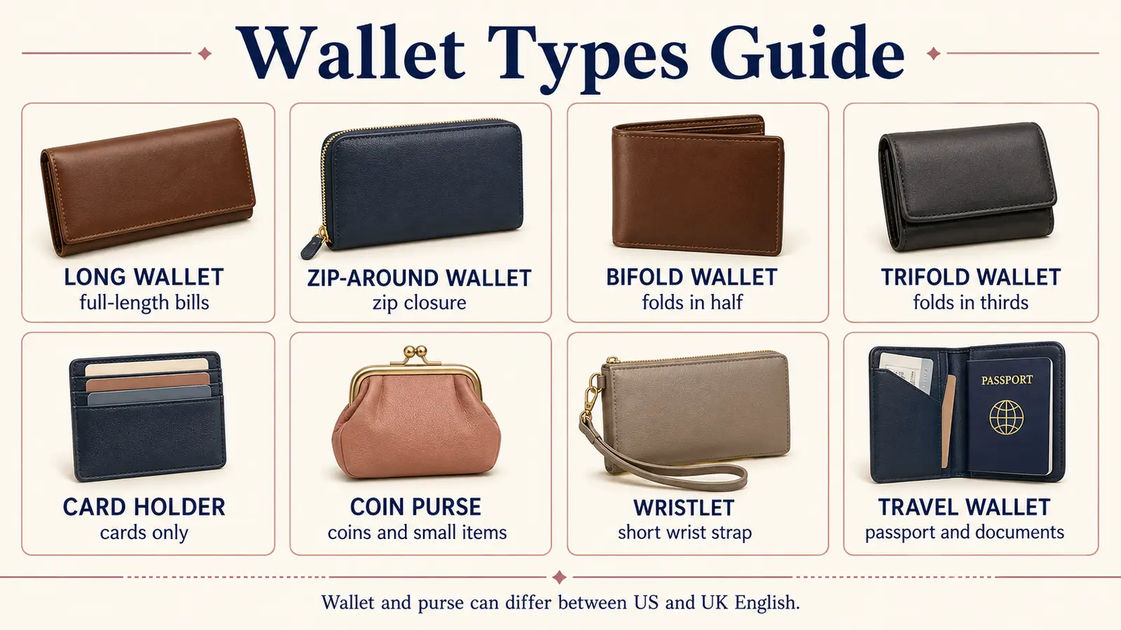 long wallet、zip-around wallet、bifold、trifold、card holder、coin purse、wristlet、travel walletの比較