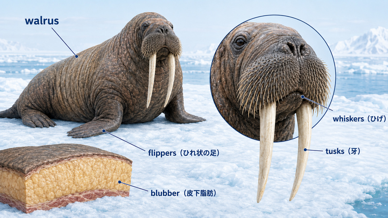 セイウチのtusks、whiskers、flippers、blubberを示す解説図