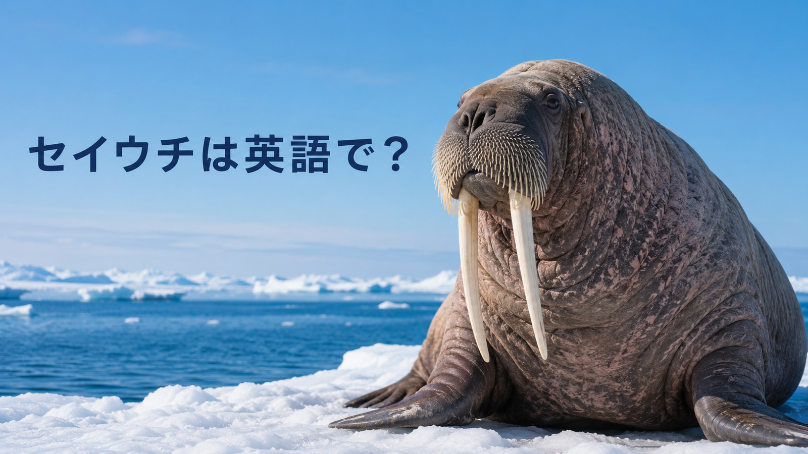 北極の氷上にいるセイウチと「セイウチは英語で？」の文字
