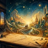 設計図から光の街と鉄道が生まれる創造と好奇心を表すオリジナルアート