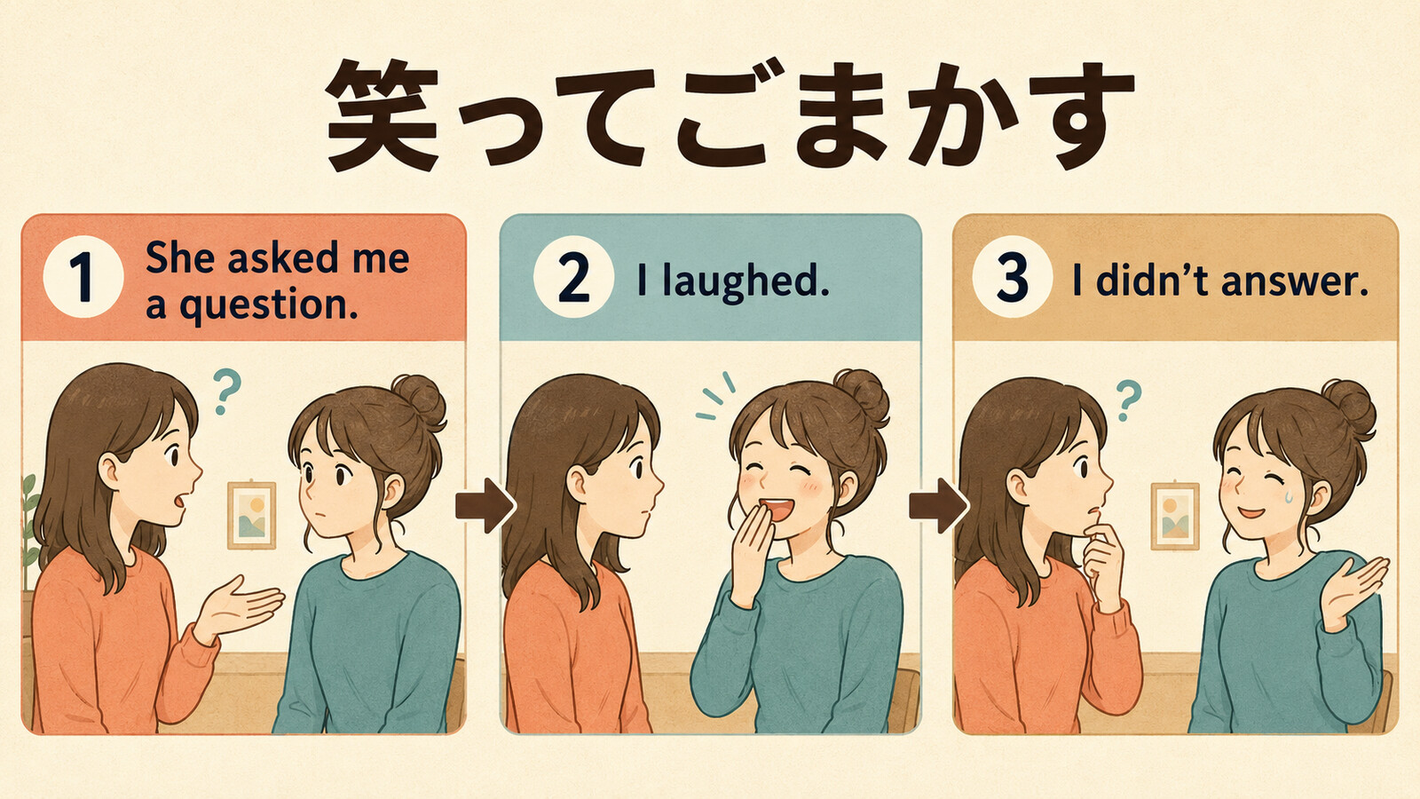 笑ってごまかすをShe asked me a question、I laughed、I didn't answerで表す図