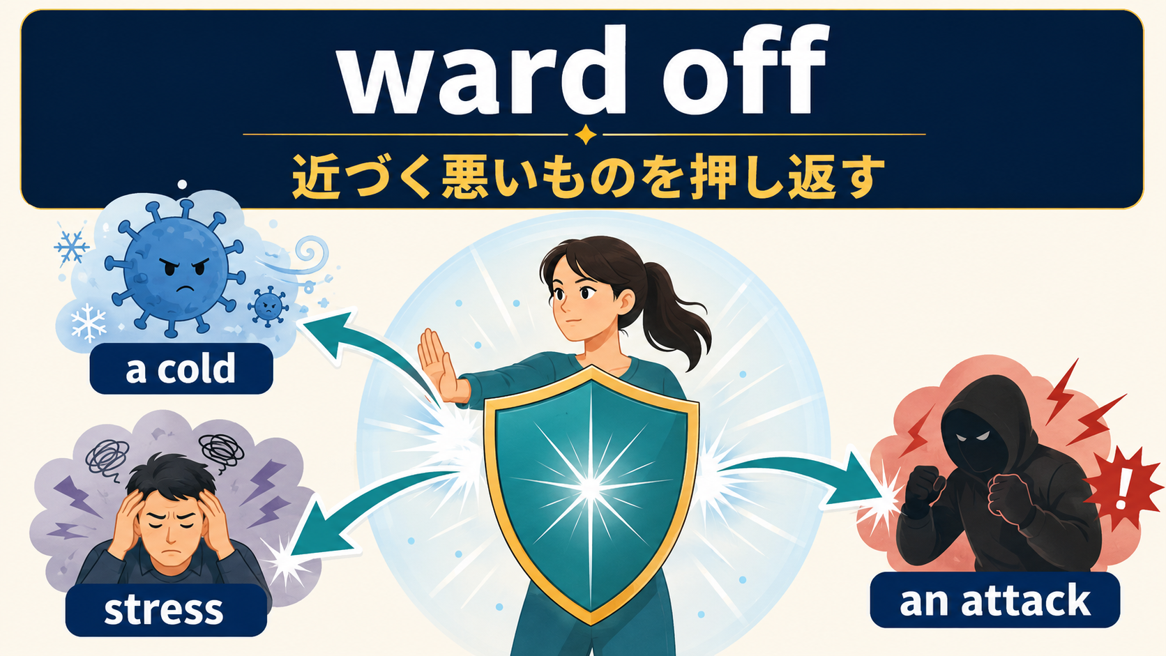ward offは風邪・ストレス・攻撃など近づく悪いものを押し返すことを示す図