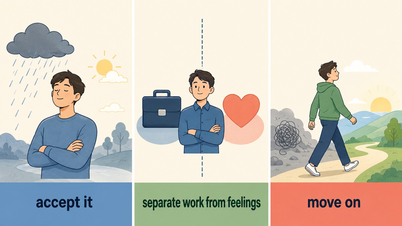 accept it、separate work from feelings、move onで割り切る意味の違いを示す3場面のイラスト