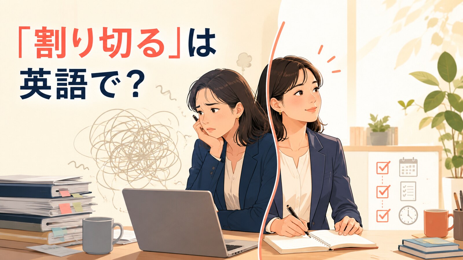 「割り切る」は英語で?と悩みを整理して落ち着きを取り戻す会社員のイラスト