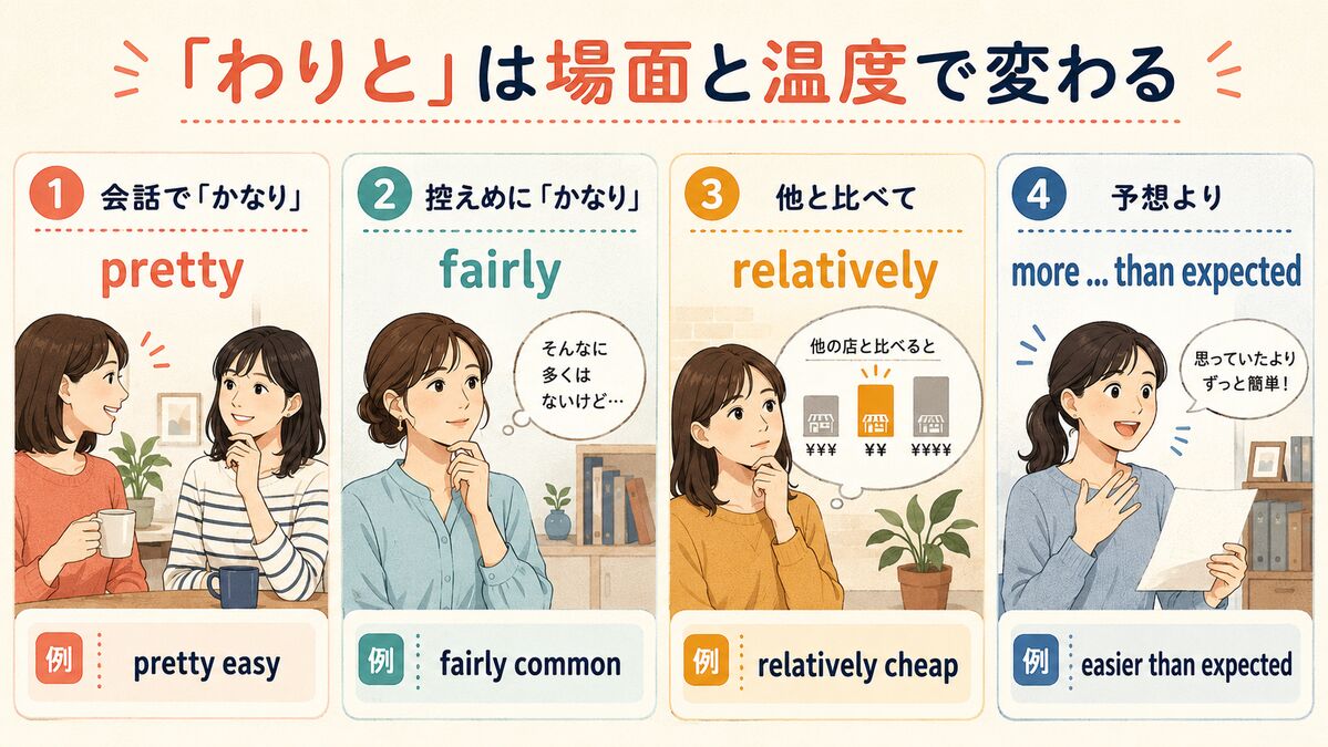 わりとは場面と温度で変わる:pretty・fairly・relatively・more than expected