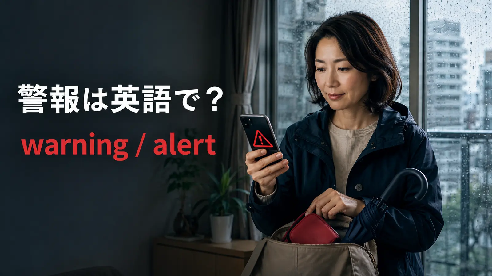 大雨の警報をスマートフォンで確認する女性と「警報は英語で? warning / alert」の文字