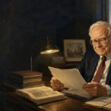 オマハの執務室で株主への手紙を読む95歳のウォーレン・バフェットのイラスト