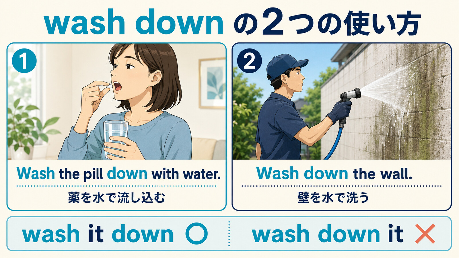 wash downの飲み物で流し込む・水で洗うという2つの使い方とwash it downの語順
