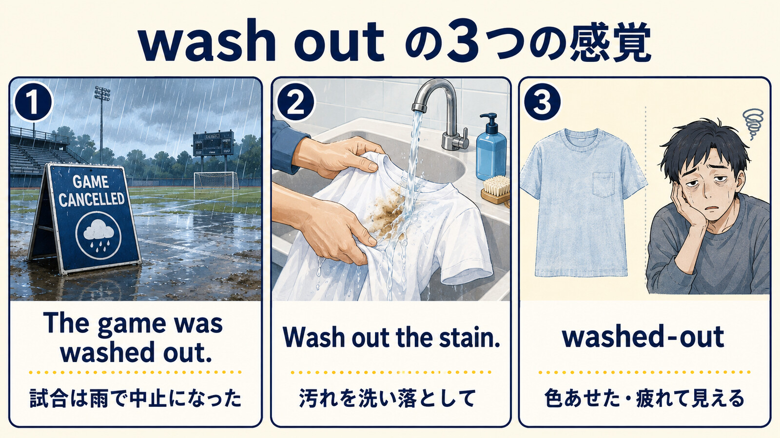 wash outの雨で中止になる・汚れを洗い落とす・washed-outの意味を比較するイラスト