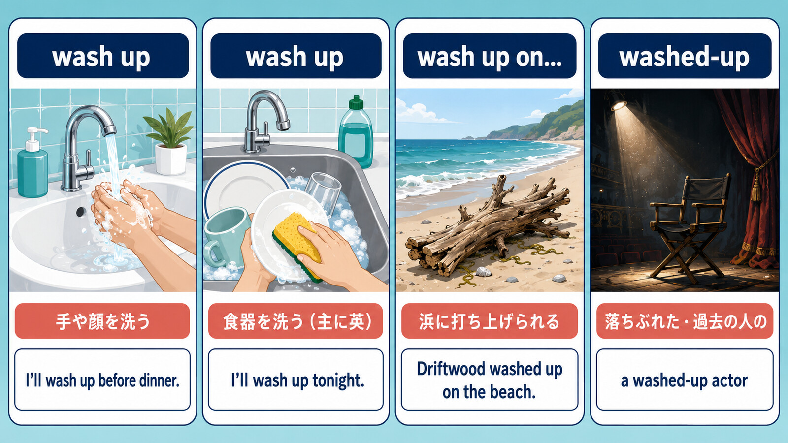 wash upの手や顔を洗う・食器を洗う・浜に打ち上げられる・washed-upの4用法