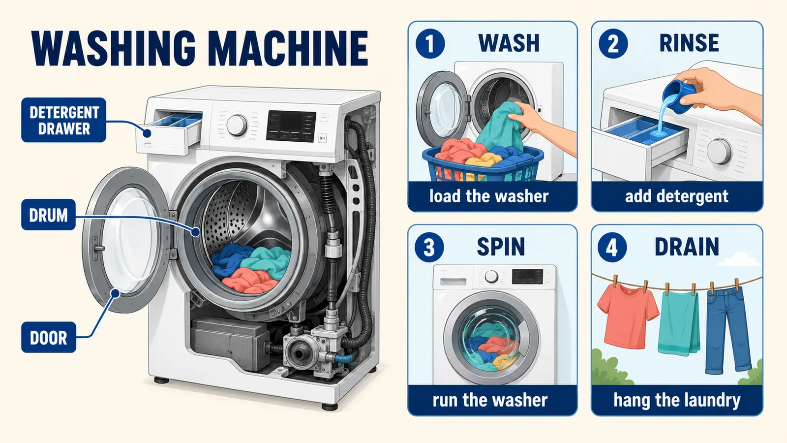 washing machineの部品と洗濯の流れを示す英語図解