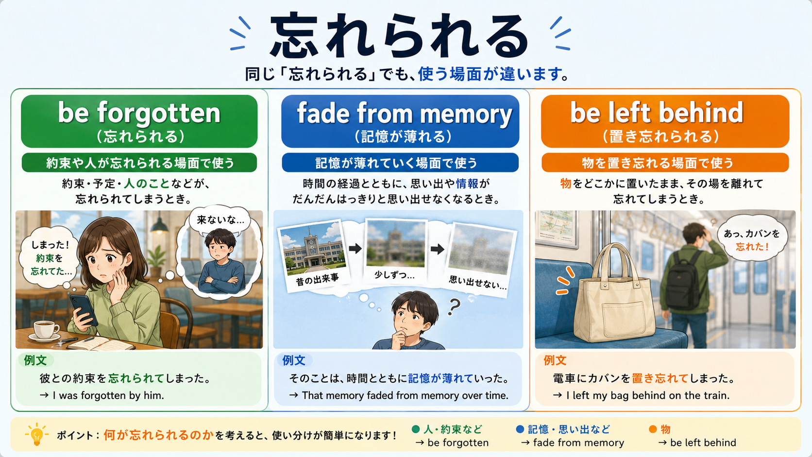 忘れられるを表すbe forgotten・fade from memory・be left behindの使い分け図