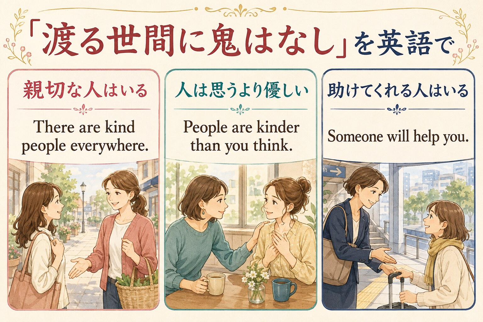 There are kind people everywhere.、People are kinder than you think.、Someone will help you. の比較