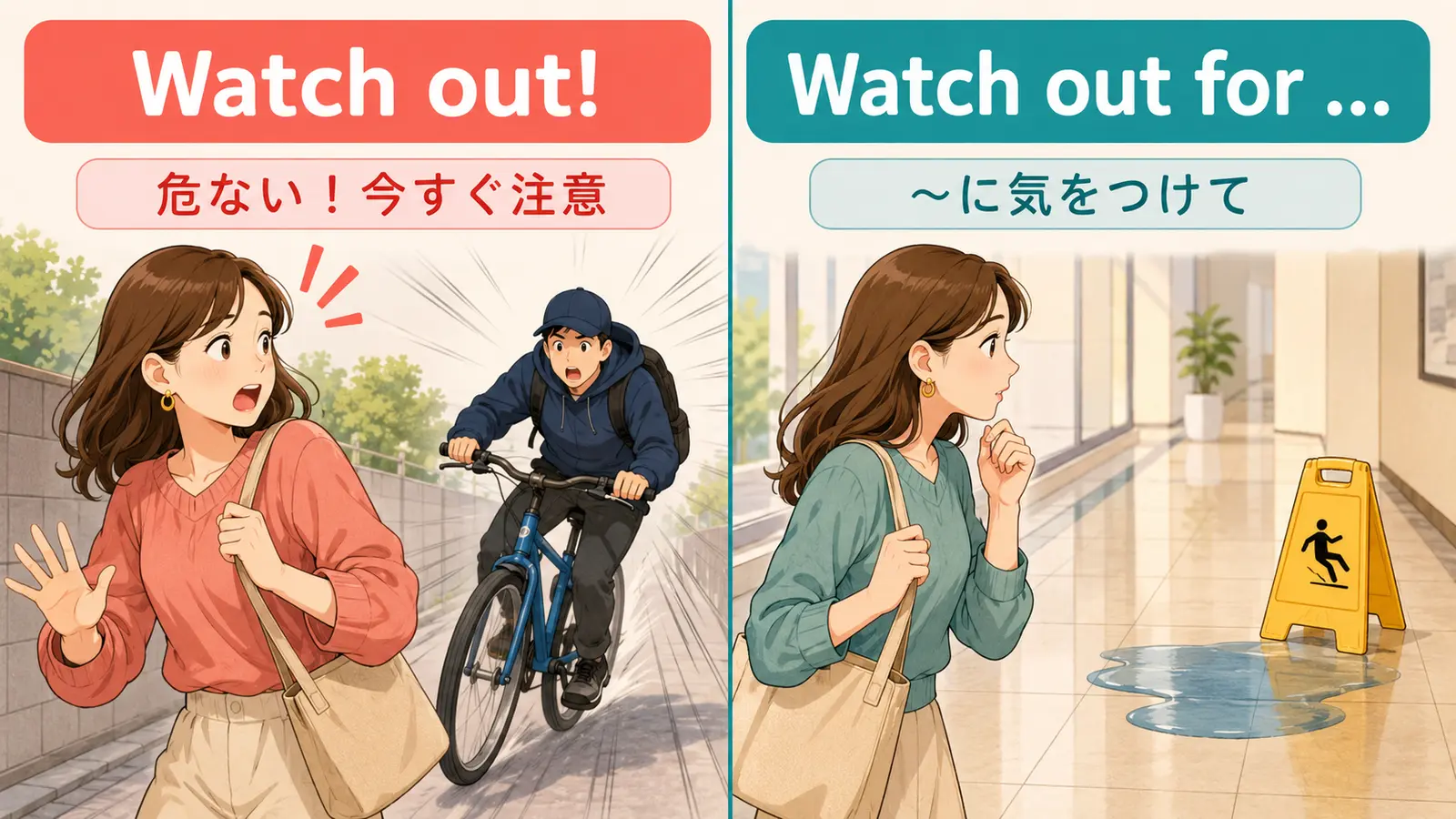 Watch outは今すぐ注意、watch out forは特定の対象に気をつける違い