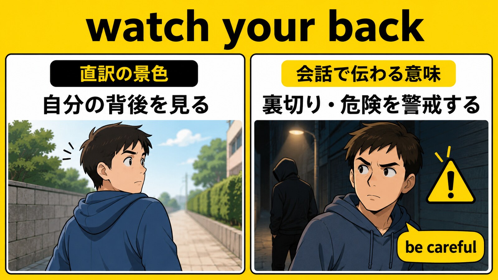 watch your backの直訳と会話での意味を比較する解説イラスト